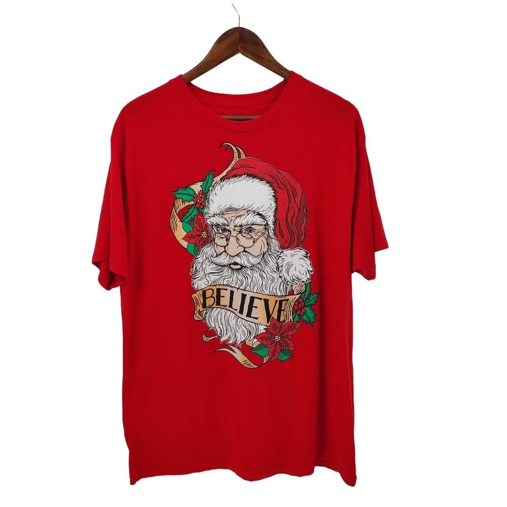 Christmas Short Sleeve Shirt XL Red‎ Crew Neck Santa Clause BELIEVE Holiday Time